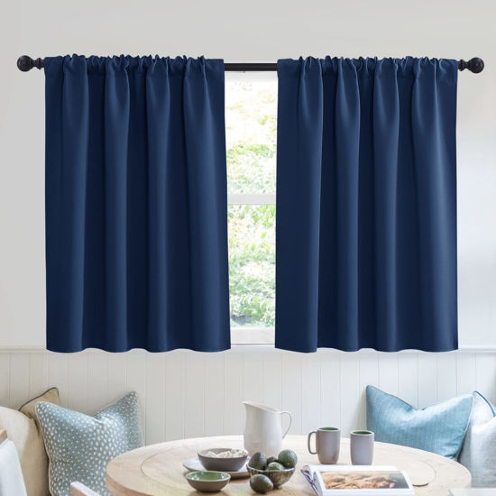Picture of RYB HOME Bathroom Curtains Privacy - Blackout Curtains Small Window Short Drapes for Kitchen Bedroom Living Room Kids Nursery Room RV, W 52 x L 36 inch per Panel, Navy, 2 Pcs