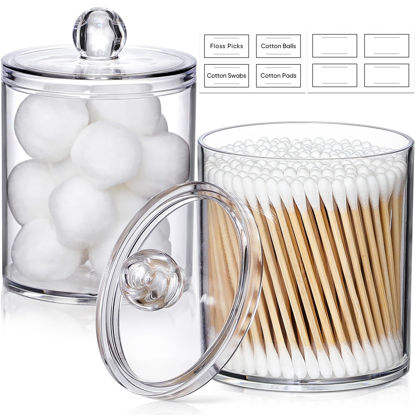 Picture of 2 PACK Acrylic Qtip Holder Dispenser for Cotton Swabs, Balls, Pads, Floss Picks- Small Clear Plastic Canister Apothecary Jar Set, Bathroom Essentials Accessories Decor, Vanity Makeup Storage Organizer
