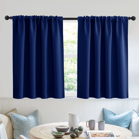 Picture of RYB HOME Small Window Tier Curtains, Light Block Privacy Solid Portable Curtains for Kitchen Cabinet Kid Bedroom Basement RV Curtains, Wide 52 x Long 36 per Panel, Marine Blue, 2 Pcs