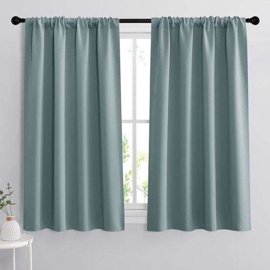 Picture of RYB HOME Small Window Blackout Curtains for Bathroom - Privacy Room Darkening Curtains Drapese Rod Pocket Energy Smart Decor for Kitchen Bedroom, 42 inches Wide x 54 inches Long, Dusty Blue, 1 Pair