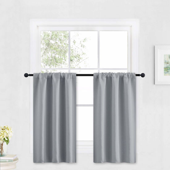 Picture of RYB HOME Bathroom Window Curtains - Super Soft Blackout Privacy Curtains for Baby Nursery Bedroom Basement Garege Workshop Kitchen Dining Living Room, W 29 x L 30, Silver Grey, 2 Pcs