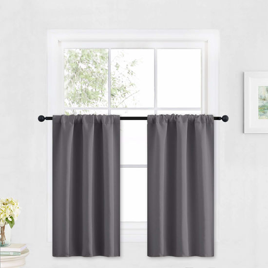 Picture of RYB HOME Blackout Tier Curtains for Kitchen, Solid Half Window Curtain Tiers for Bedroom Energy Saving Privacy Shade for RV Camper Bathroom Basement, Width 29 x Length 30 inches, Grey, 2 Pieces