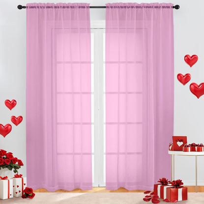 Picture of OWENIE Sheer Pink Curtains, Sheer Curtains 84 inch Length 2 Panels Set, Rod Pocket Voile Fimly Sheer Drapes for Living Room/Bedroom, 2pcs, Each 42" W x 84" L