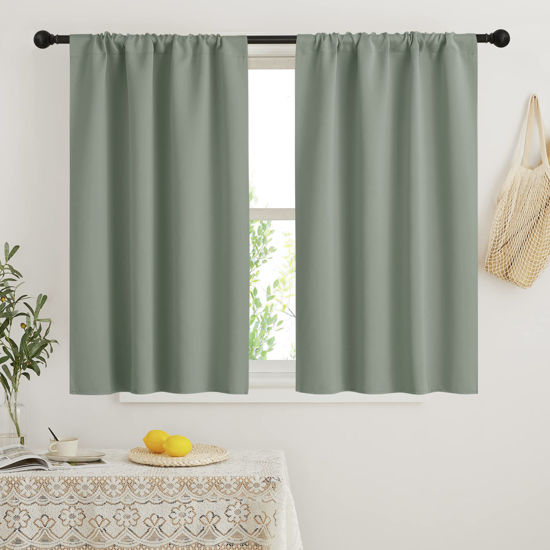 Picture of RYB HOME Blackout Curtains for Small Window - Thermal Insulated Privacy Curtains Shades for Kitchen Bathroom Cafe Dorm Loft, W 34 x L 45 inch per Panels, Sea Green, 2 Pcs