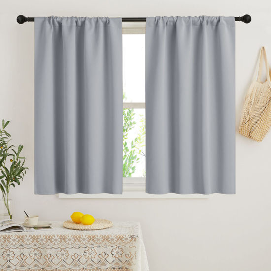 Picture of RYB HOME Kitchen Curtains 45 inch Length 2 Panels Set, Privacy Assured Drapes Room Darkening Small Window Treatment for Cafe Bathroom, W34 x L45 inch, Silver Grey