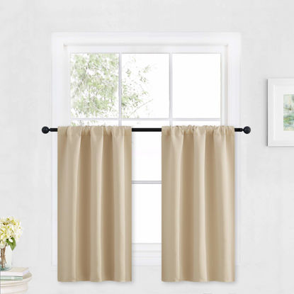 Picture of RYB HOME Blackout Curtains Short - Privacy Energy Efficient Window Curtain Panels Room Darkening Shade Tiers Pair for Kitchen Nursery Kids Bedroom, Wide 29 x Long 30 inch, Biscotti Beige