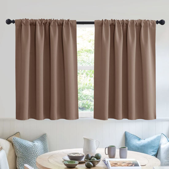 Picture of RYB HOME Blackout Curtain Set - Solid Country Curtains Sunlight Glare Block Noise Reduce Drapes for Bedroom Kitchen Cafe Basement RV Cargo Window, 52 x 36 inch Long, Cappuccino, 2 Pcs