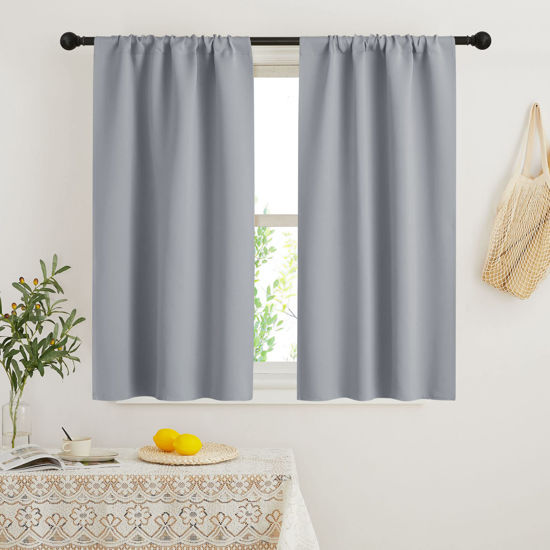 Picture of RYB HOME Kitchen Curtains 45 inch Length 2 Panels Set, Privacy Assured Drapes Room Darkening Small Window Treatment for Cafe Bathroom, W29 x L45 inch, Silver Grey