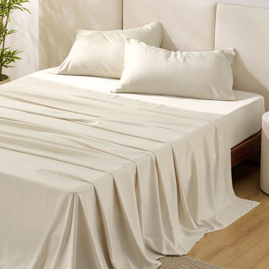 Picture of Bedsure California King Sheet Sets, Cooling Sheets, Rayon Derived from Bamboo, Deep Pocket Up to 16", Breathable & Soft Bed Sheets, Hotel Luxury Silky Bedding Sheets & Pillowcases, Light Beige