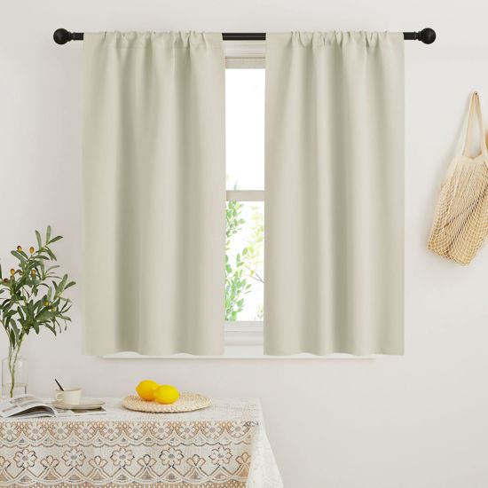 Picture of RYB HOME Beige Short Curtains Blackout, 45 inch Durable Cafe Curtains Room Darkening Window Drapes Privacy Protection for Basement Closet Kithen, W29 x L45 inch, 2 Panels