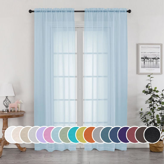 Picture of OWENIE Light Blue Sheer Curtains 84 inches Long for Bedroom Living Room 2 Panels Set, Privacy Rod Pocket Light Filtering Voile Sheer Curtains, Airy Farmhouse Curtains, 42Wx84L inch, Sky Blue