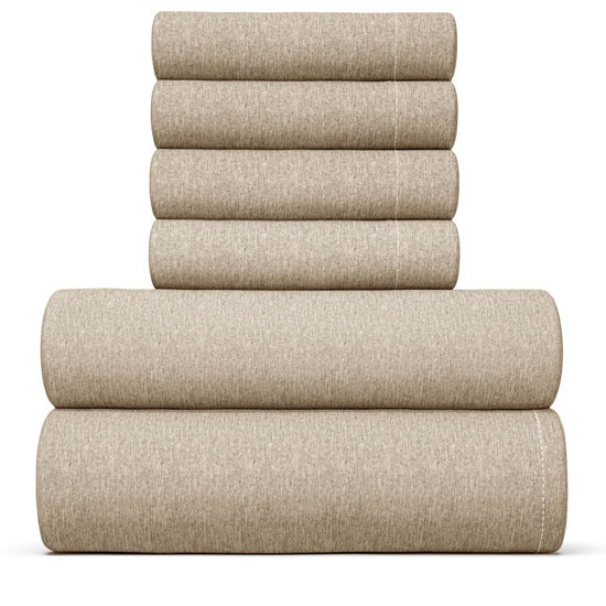 Picture of King 6 Piece Sheet Set - Breathable & Cooling Sheets - Hotel Luxury Sheets - 1 Flat Sheet, 1 Fitted Sheet & 4 Pillowcases - Deep Pocket - Easy Fit, Soft & Wrinkle Free - King Heathered Beige Sheets