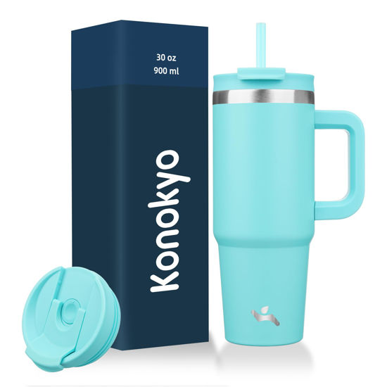 Picture of Konokyo 30 oz Tumbler with Handle and 2 Straws,2 in 1 Lid Insulated Water Bottle Stainless Steel Travel Coffee Mug,Turquoise