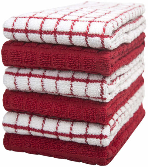 Picture of Kitchen Towels 16"x 28" | Dish Towels | Kitchen Hand Towels | Large Dishcloths Set | Highly Absorbent Tea Towel, Soft with Hanging Loop | Natural Ring Spun Cotton, 380 GSM | Red Check Design - 6 Pack