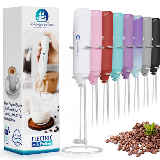 Picture of Powerful Milk Frother Handheld Foam Maker, Mini Whisk Drink Mixer for Coffee, Cappuccino, Latte, Matcha, Hot Chocolate, With Stand, White