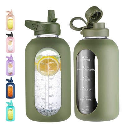 Picture of CIVAGO 64 oz Glass Water Bottle Jug with Straw and Handle, Half Gallon Sports Motivational Water Bottle with Time Marker, Large Water Flask Canteen with Silicone Sleeve for Gym,Army Green