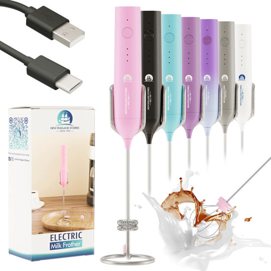 Picture of Rechargeable Milk Frother Wand with Stand, Foam Maker with Stainless Whisk, 3-Speeds Electric Handheld Drink Mixer for Coffee, Cappuccino, Latte, Matcha, Hot Chocolate (Black)