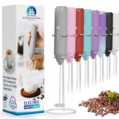 Picture of Powerful Milk Frother Handheld Foam Maker, Mini Whisk Drink Mixer for Coffee, Cappuccino, Latte, Matcha, Hot Chocolate, With Stand, Grey
