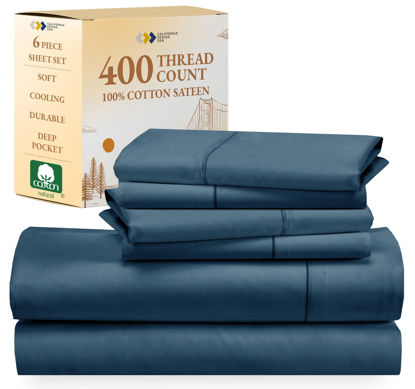 Picture of California Design Den 6-Pc King Size Sheet Set with 4 Pillowcases - Soft 400 Thread Count 100% Cotton Sheets, Cooling Sateen Weave, Luxury Deep Pocket Bedsheets Set - Peacock Blue