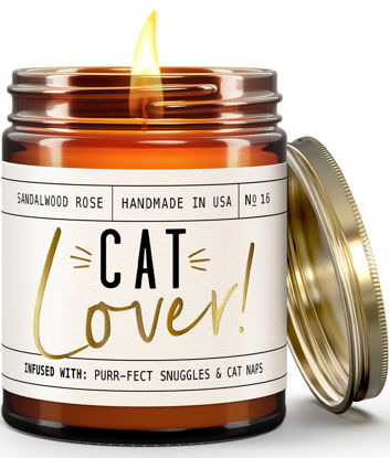 Picture of Cat Lover Gifts for Women, Cat Mom Gifts, Cat Gifts for Women Unique - 'Cat Lover' Candle, w/Sandalwood Rose I Cat Decor Themed I Cat Gifts for Cat Lovers I 50Hr Burn, USA Made