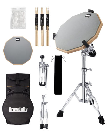 Picture of GrowDaily Drum Practice Pad Snare Drum Stand Set 12 In With Double Sided Silent Drum Pad,Drum Dampeners Gel, Drum sticks,Carrying Bag Adjustable Stand(Fits 10''-14'' Drums)