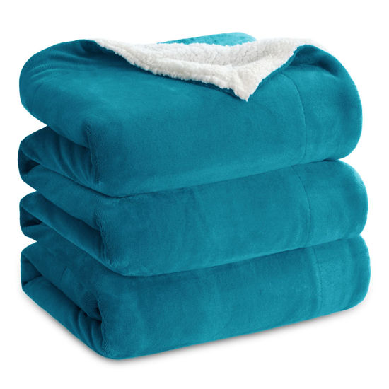 Picture of Bedsure Sherpa Fleece Blankets Queen Size for Bed - Thick and Warm, Soft Fuzzy Plush Queen Blanket for Winter, Teal, 90x90 Inches