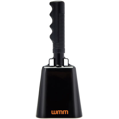 Picture of WMM 10 Inch Cow Bell Noise Makers Cowbell for Sporting Event Cheering Bell for Football Games Large Steel Cowbell with Handle Solid School Bells Call Bell Alarm (Black)