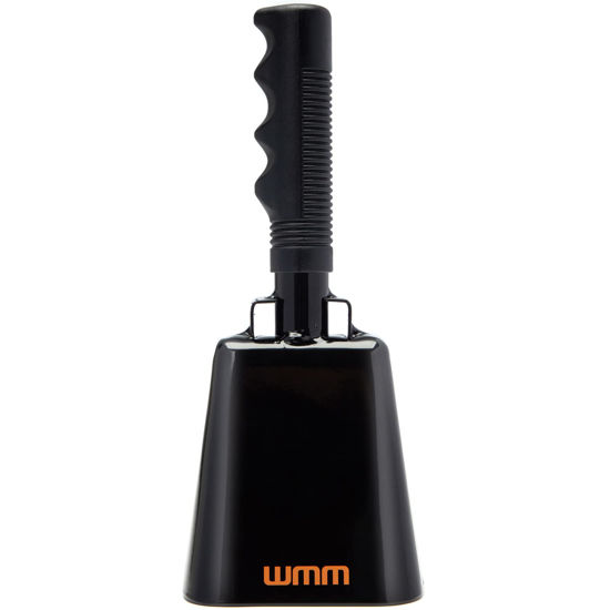 Picture of WMM 10 Inch Cow Bell Noise Makers Cowbell for Sporting Event Cheering Bell for Football Games Large Steel Cowbell with Handle Solid School Bells Call Bell Alarm (Black)