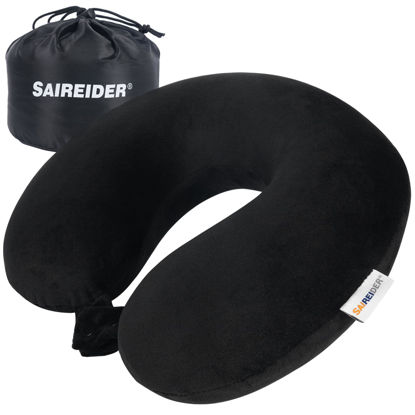 Picture of SAIREIDER Travel Pillow 100% Pure Memory Foam Travel Neck Pillow with Storage Bag, Airplane Pillow for Traveling、Car、Home、Office，Washable Cover（Black）