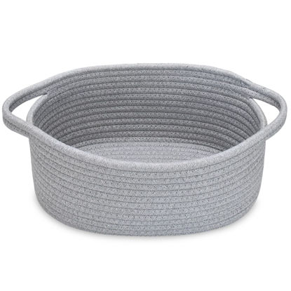 Picture of ABenkle Small Basket, 12"x 8" x 5" Cute Small Woven Basket, Rope Room Shelf Storage Basket, Cat Dog Toys Basket Chest Box, Decorative Empty Gift Basket with Handles - All Gray