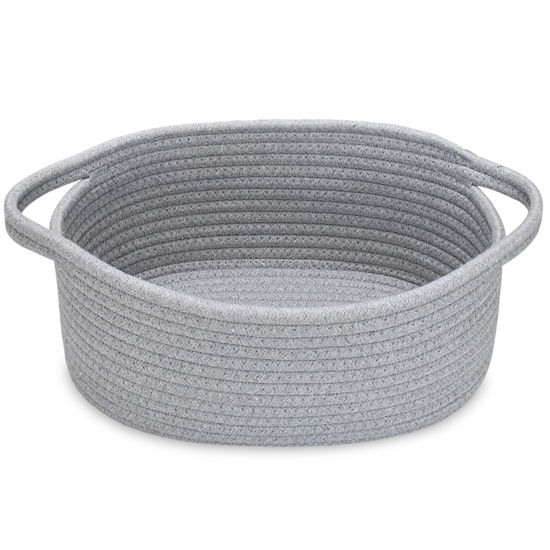 Picture of ABenkle Small Basket, 12"x 8" x 5" Cute Small Woven Basket, Rope Room Shelf Storage Basket, Cat Dog Toys Basket Chest Box, Decorative Empty Gift Basket with Handles - All Gray