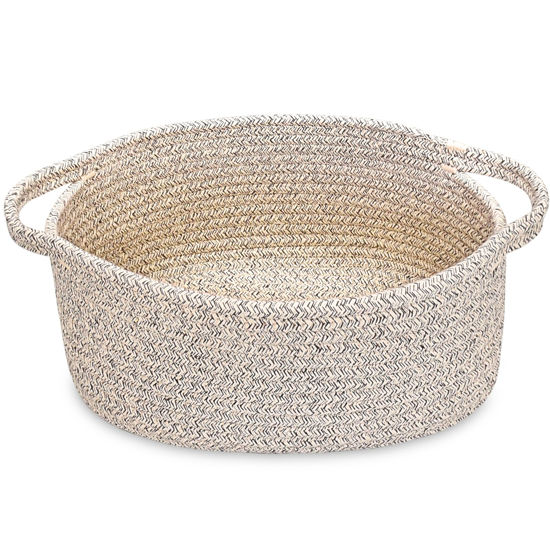 Picture of ABenkle Small Basket, 12"x 8" x 5" Cute Small Woven Basket, Rope Room Shelf Storage Basket, Cat Dog Toys Basket Chest Box, Decorative Empty Gift Basket with Handles - All Mixed Brown