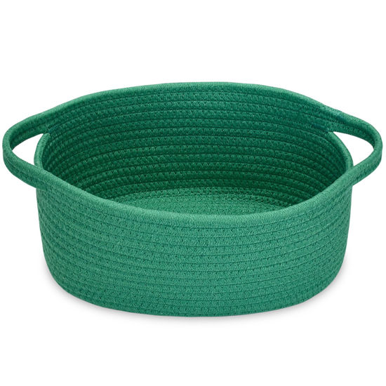 Picture of ABenkle Small Basket, 12"x 8" x 5" Cute Small Woven Basket, Rope Room Shelf Storage Basket, Cat Dog Toys Basket Chest Box, Decorative Empty Gift Basket with Handles - Deep Green