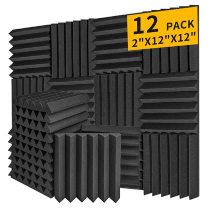Picture of Acoustic Foam Panels 12 Pack - 2" x 12"x 12" High Density Soundproofing Wedges for Wall, Noise Absorbing and Sound-Damping, Quick-Recovery, Fire-Resistant - Perfect for Studio, Office, Gaming Room