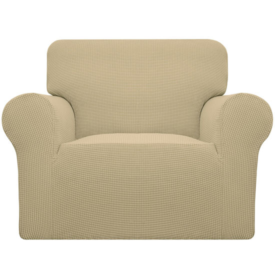 Picture of Easy-Going Stretch Chair Sofa Slipcover 1-Piece Couch Sofa Cover Furniture Protector Soft with Elastic Bottom for Kids, Pet. Spandex Jacquard Fabric Small Checks (Chair, Beige)