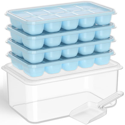 Picture of DOQAUS Ice Cube Tray with Lid and Bin, 4 Pack Silicone Plastic Ice Cubes Trays for Freezer with Box/Container, Stackable with Storage Iced Bucket Kits, Scoop, for Baby Food, Cocktail, Coffee
