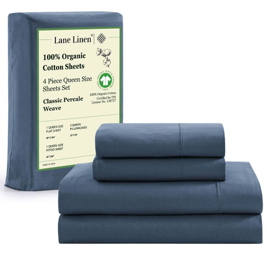 Picture of LANE LINEN Queen Sheets Set, 4Pc 100% Organic Cotton Bed Sheets Queen Size, Soft Sheets, Percale Weave, Luxury Hotel Sheets Queen Size, Breathable Queen Sheets Deep Pocket Upto 15" - Navy