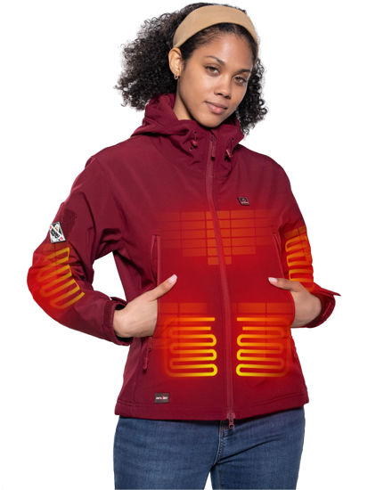 Picture of DEWBU Heated Jacket for Women with 12V Battery Pack Winter Outdoor Soft Shell Electric Heating Coat, Women's Red, M
