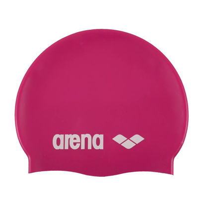 Picture of Arena Classic Unisex Soft Silicone Swim Cap for Women and Men, Intensive Training and Racing Comfortable Non-Slip Long Hair Swimming Hat, Fuchsia/White