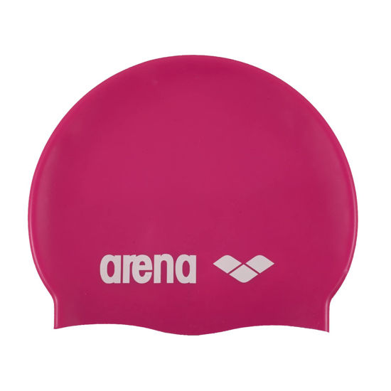 Picture of Arena Classic Unisex Soft Silicone Swim Cap for Women and Men, Intensive Training and Racing Comfortable Non-Slip Long Hair Swimming Hat, Fuchsia/White