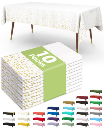 Picture of Pureegg Plastic Table Cloth Disposable 10 Pack, 54 x 108 Inch Table Cloths for Parties, Decorative Tablecloths for Rectangle Tables, White Plastic Table Cover, Leakproof & Sturdy, White and Gold