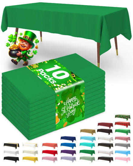 Picture of Pureegg Plastic Table Cloth Disposable 10 Pack, 54 x 108 Inch Table Cloths, St Patricks Day Decorations, Shamrock Green Tablecloths for Rectangle Tables, Plastic Table Cover, Leakproof & Sturdy, Green
