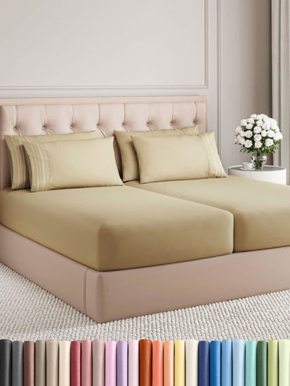 Picture of Split King 7 Piece Sheet Set - Breathable & Cooling Sheets - Hotel Luxury Bed Sheets - 1 Flat Sheet, 2 Fitted Sheets & 4 Pillowcases - Easy Fit, Soft & Wrinkle Free - Split King Beige Sheets