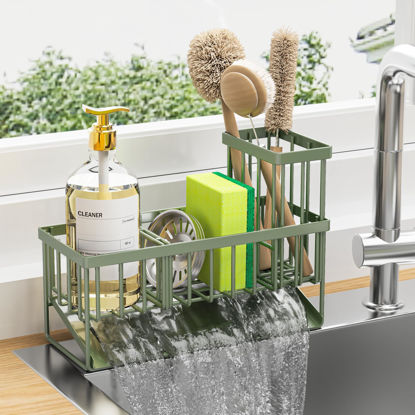 Picture of Cisily Kitchen Sink Caddy, Sponge Holder for Kitchen Sink, Kitchen Sink Organzier and Storage with High Brush Holder, 304 Stainless Kitchen Gadgets Sink Accessories, Organizadores de Cocina Sage Green