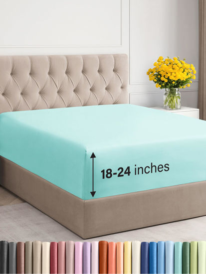 Picture of Extra Deep Full Fitted Sheet - Hotel Luxury Single Fitted Sheet Only - Sheet Easily Fits 18 inch to 24 inch Mattress - Soft, Wrinkle Free, Breathable And Comfy Extra Deep Pockets Spa Blue Fitted Sheet