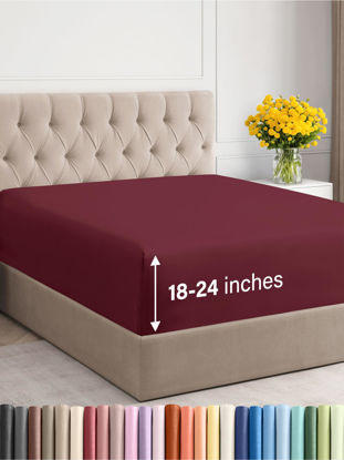 Picture of Extra Deep King Fitted Sheet - Hotel Luxury Single Fitted Sheet Only - Sheet Easily Fits 18 inch to 24 inch Mattress - Soft, Wrinkle Free, Breathable And Comfy Extra Deep Pockets Burgundy Fitted Sheet