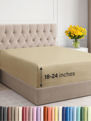 Picture of Extra Deep Twin Fitted Sheet - Hotel Luxury Single Fitted Sheet Only - Twin Sheet Easily Fits 18 inch to 24 inch Mattress - Soft, Wrinkle Free, Breathable & Comfy Extra Deep Pockets Beige Fitted Sheet