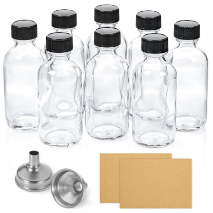 Picture of 8 Pack, 2 oz Small Clear Glass Bottles w/ Lid & 2 Stainless Steel Funnels - 60ml Boston Sample Bottles - Mini Travel Essential or Decorative Bottles for Potion, Juice, Wellness, Ginger Shots, Whiskey