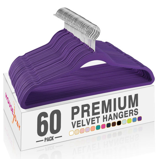 Picture of HOUSE DAY Noble-Purple Velvet Hangers 60 Pack, Non Slip Clothes Felt Hanger Heavy Duty for Coat, Premium Slim Space Saving Suit Hangers for Closet Organizer, 360° Rotating Silver Hook