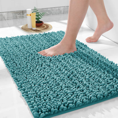 Picture of Yimobra Bath Rug Mat, 32 x 20, Soft Shaggy Non-Slip Chenille Bathroom Rugs, Large Size, Super Absorbent and Thick, Machine Washable Bathroom mat, Tub and Shower, Home Decor Accessories, Teal Blue